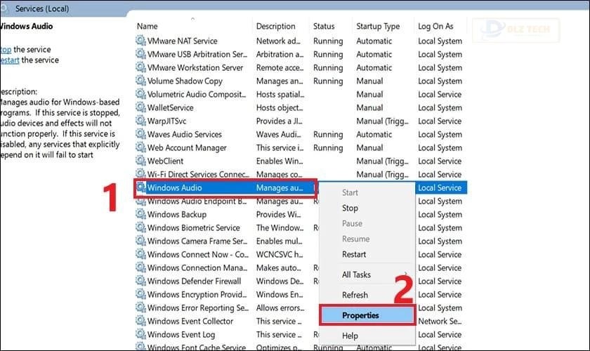 Tìm dịch vụ Windows Audio