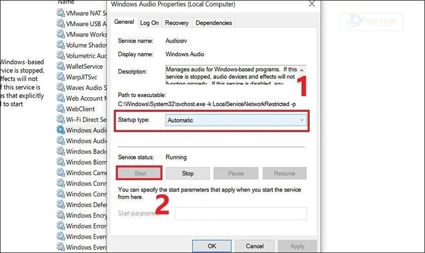Thay đổi Startup type thành Automatic và sau đó nhấp vào Start