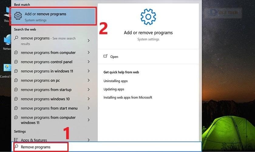 Gõ và chọn vào Add or remove programs
