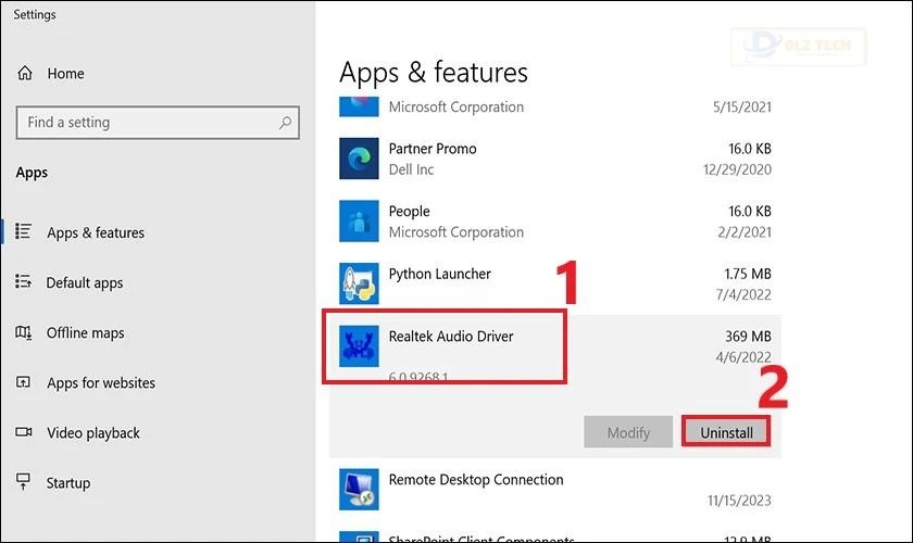 Chọn mục Realtek High Definition Audio driver rồi nhấn Uninstall