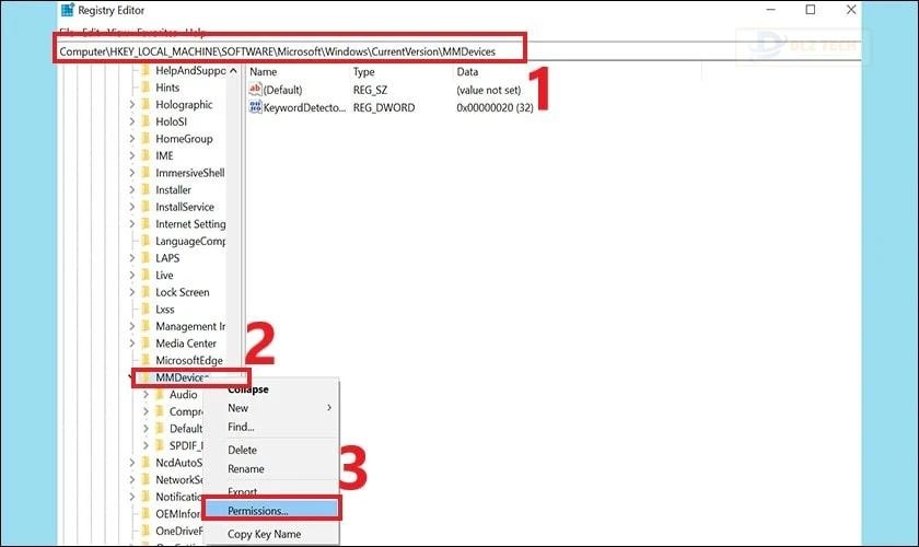 Chọn lần lượt vào MMDevices và Permissions