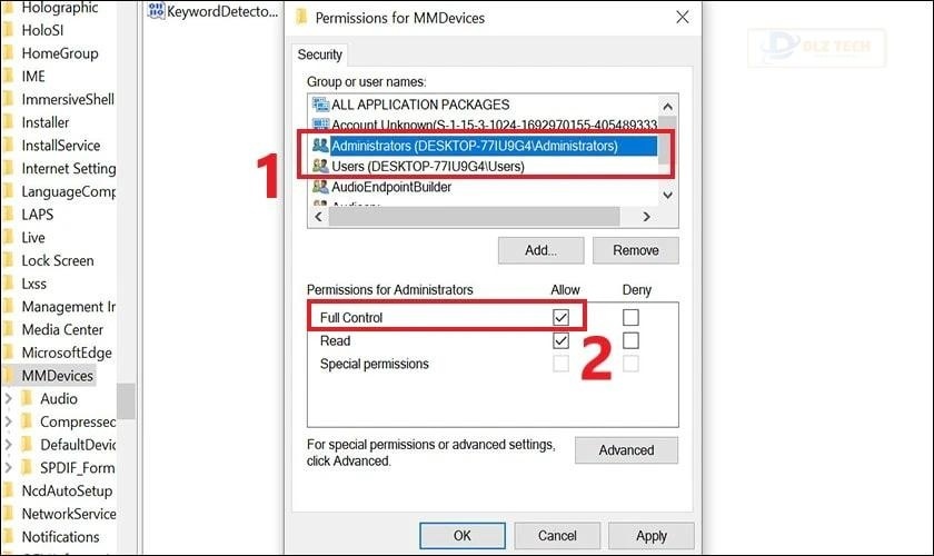 Chọn Full Control cho SYSTEM, Administrator và User