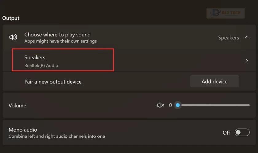Nhấn chọn vào mục Speakers