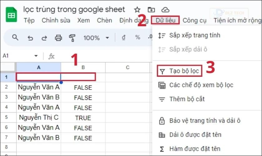 Chọn Tạo bộ lọc trong Google Sheets