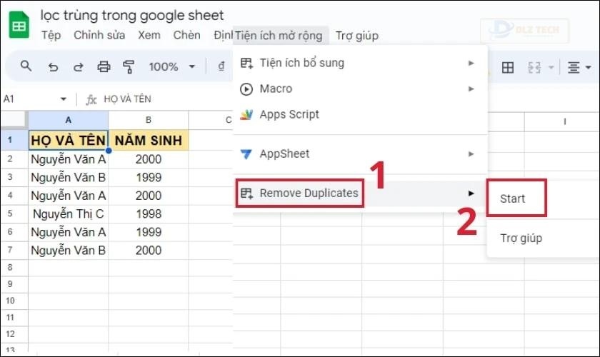Nhấn Start để lọc dữ liệu