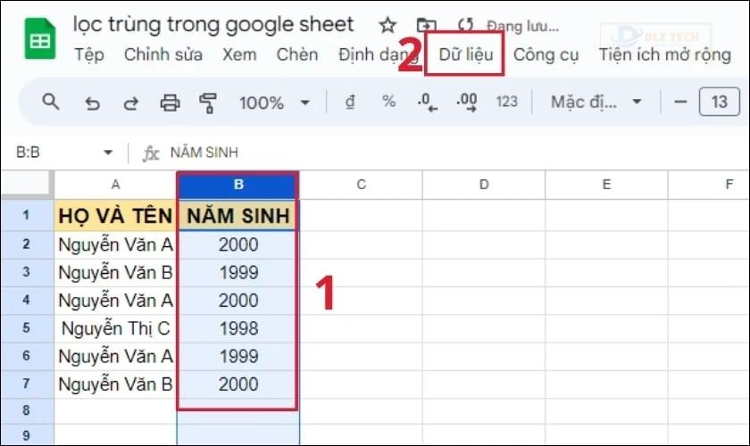 Xóa dữ liệu trùng trong Google Sheets