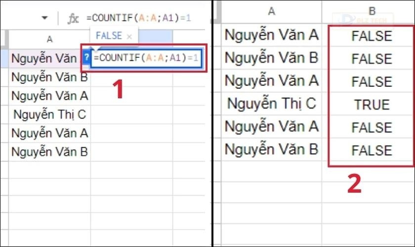 Lọc dữ liệu trùng và không trùng trong Google Sheets
