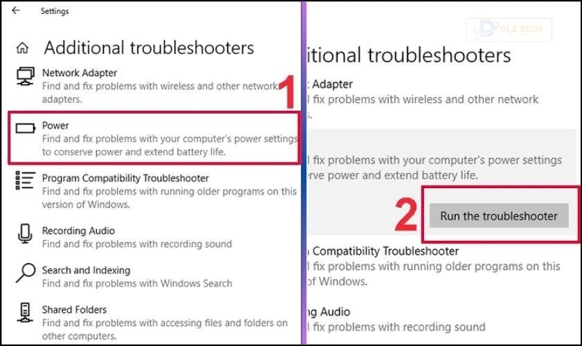 Nhấn vào dòng Power rồi chọn Run the troubleshooter