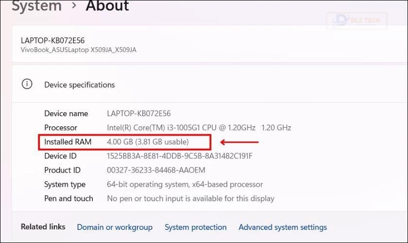 Máy hiển thị RAM 4GB và 3.81GB