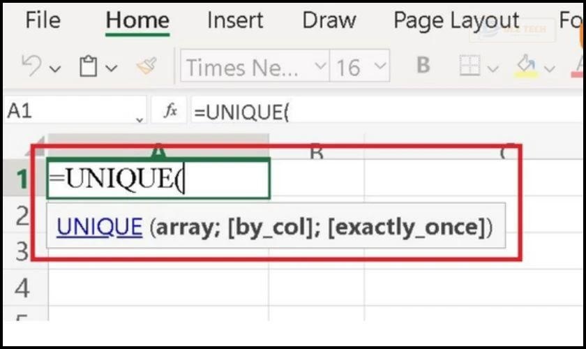 Công thức của hàm Unique trong Excel