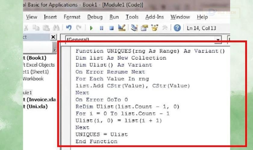 Sử dụng đoạn mã bên dưới vào module vừa tạo để thêm hàm Unique vào Excel 2016