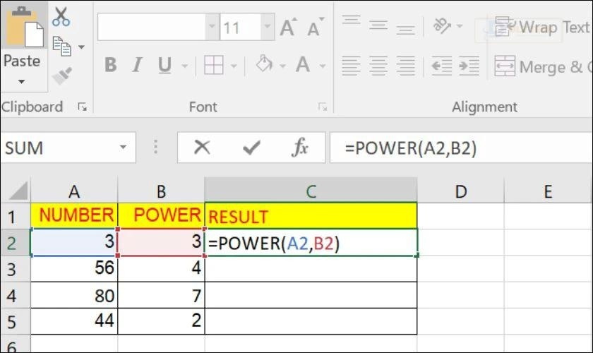 Một số ví dụ về cách sử dụng hàm Power