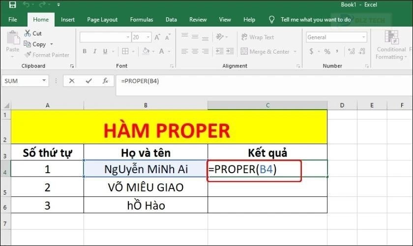 Cách sử dụng hàm PROPER trong Excel