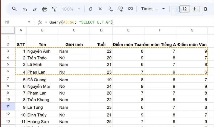 Lấy các cột dữ liệu cụ thể với hàm Query