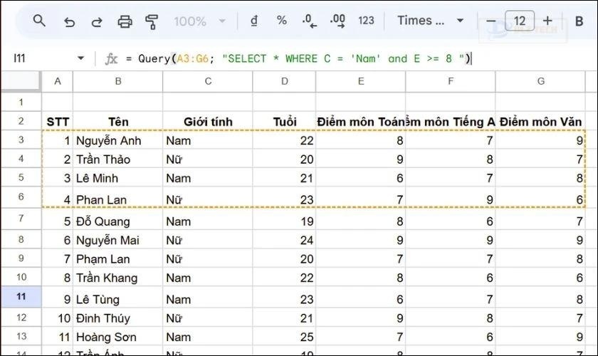 Trường hợp sử dụng nhiều điều kiện với hàm Query