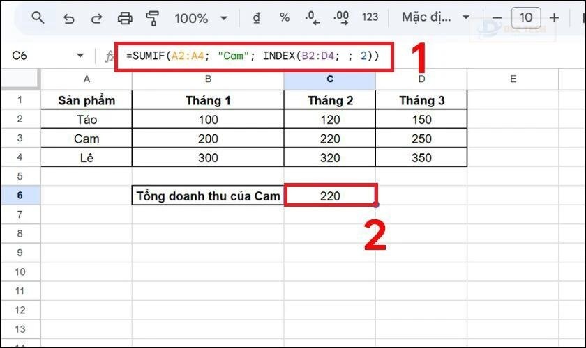 Kết hợp hàm SUMIF với hàm INDEX