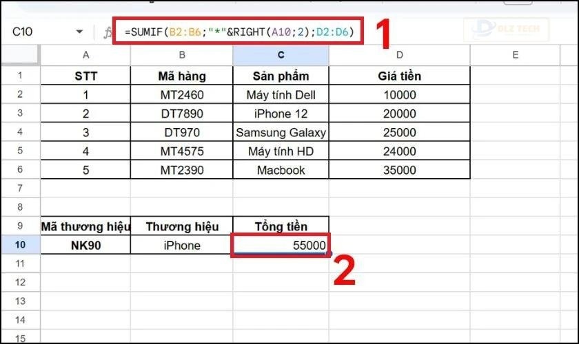 Kết hợp hàm SUMIF với hàm RIGHT
