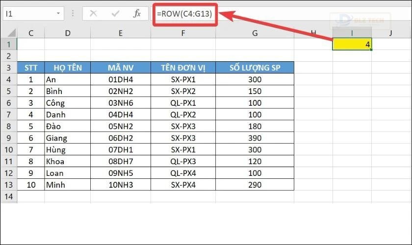Xác định chính xác vị trí hàm hiện tại với hàm ROW
