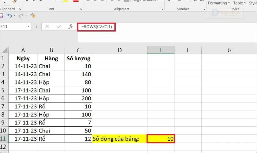 Hàm ROWS đếm nhanh số lượng hàng với dữ liệu tham chiếu