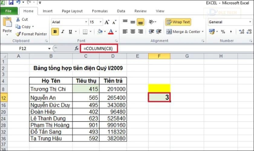Hàm COLUMN xác định vị trí cột được tham chiếu
