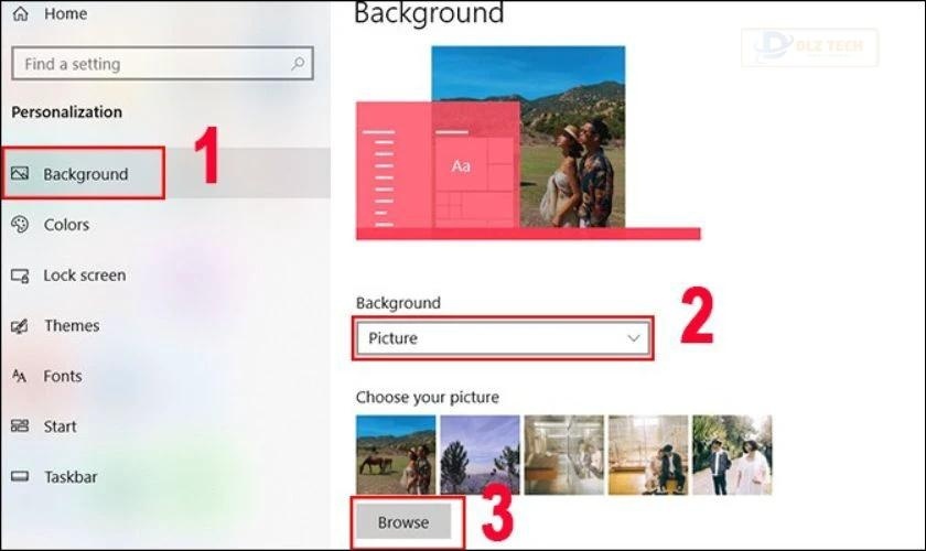 Truy cập vào mục Background và chọn Picture rồi nhấn tiếp Browse