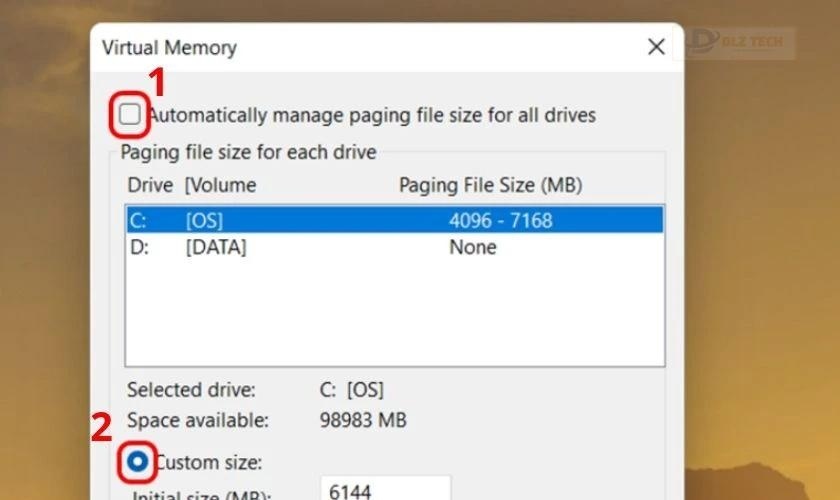 Tùy chỉnh dung lượng theo cấu hình máy của bạn