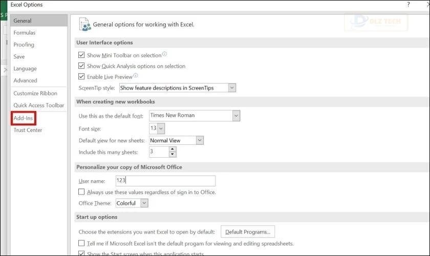 Cửa sổ Excel Options sẽ hiện ra, bạn nhấn vào Add-ins