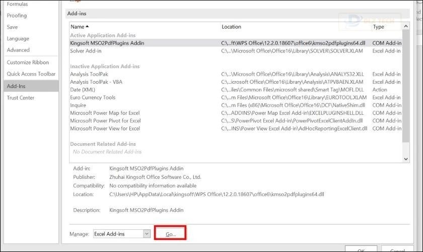 Tại mục Manage, bạn tiếp tục chọn Go bên cạnh Add-ins