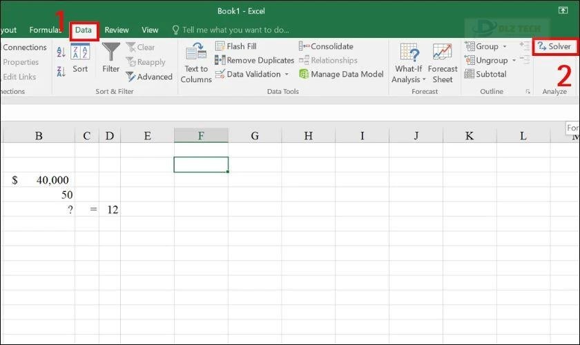 Vào Data, chọn Analysis và chọn Solver
