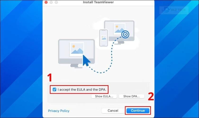 Nhấp chọn dòng chữ I accept the EULA and the DPA, sau đó nhấn Continue