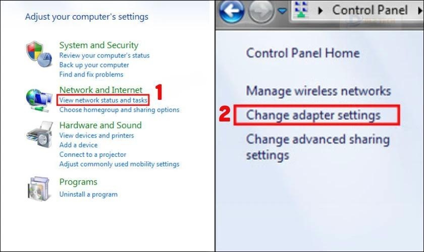 Chọn View network status and task từ cửa sổ mới mở ra