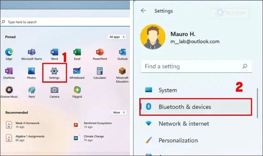 Click chọn Settings rồi chọn tiếp Bluetooth & Devices