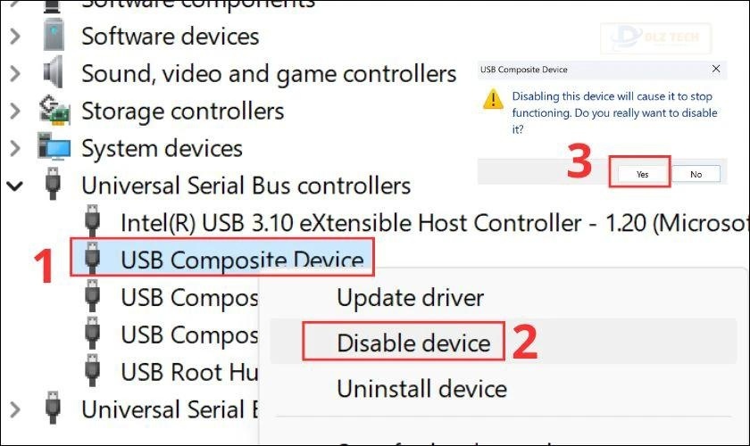 Chọn Disable device rồi xác nhận thao tác bằng cách nhấp vào Yes