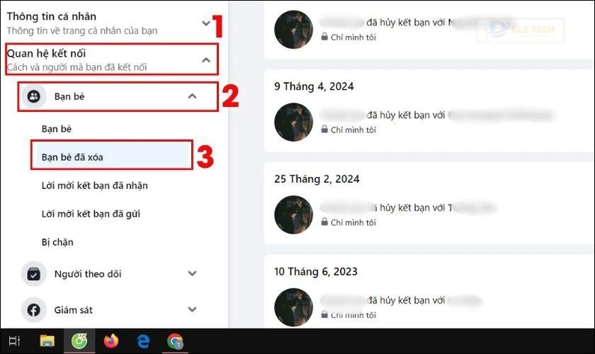 Danh sách bạn bè đã hủy trên máy tính