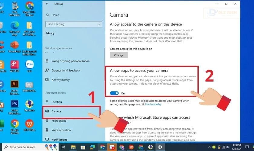 Bật cho phép các ứng dụng truy cập camera