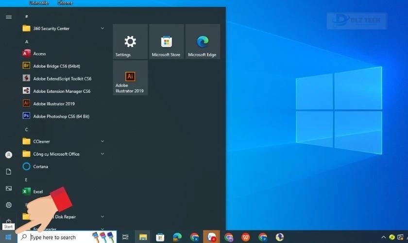 Nhấn vào biểu tượng Start ở thanh taskbar dưới
