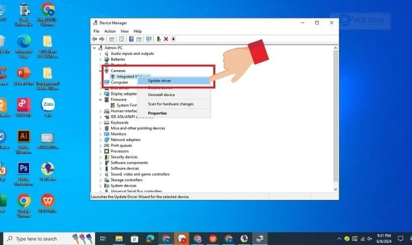 Mở rộng Cameras và chọn Update driver cho camera laptop