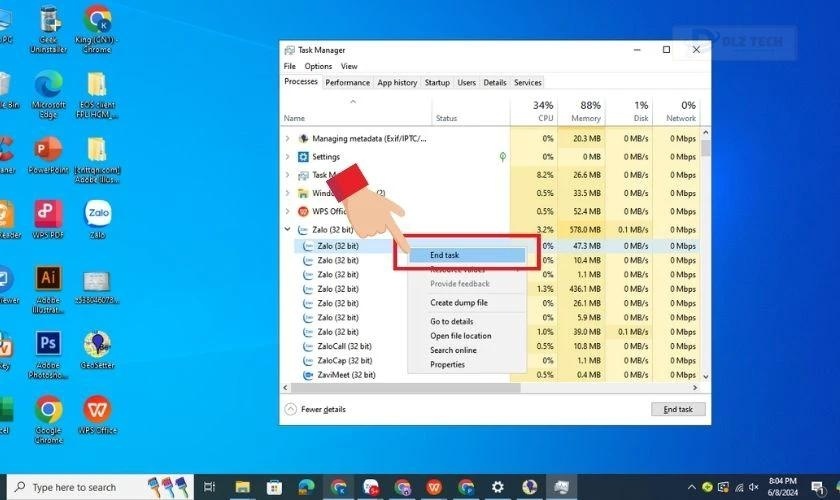 Bấm End Task để tắt ứng dụng đang chiếm dụng camera laptop