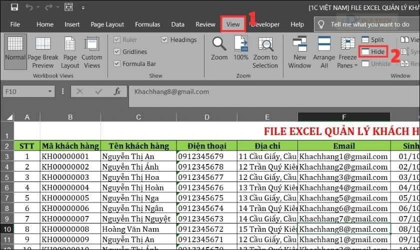Cách ẩn hoặc hiện dữ liệu trong trang tính