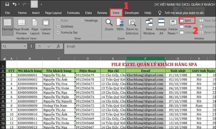 Trong nhóm Windows và nhấp vào Split Excel
