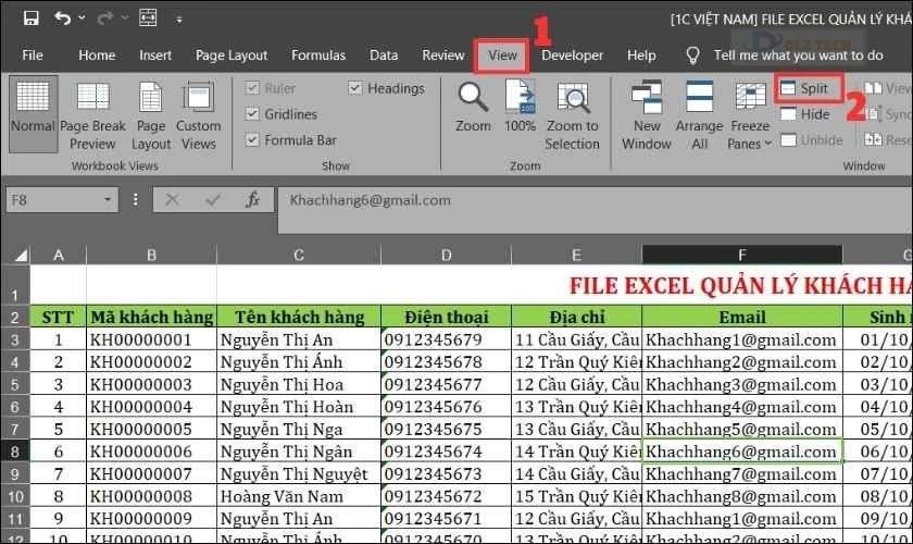 Cách dùng chức năng Split tách trang tính thành 4 phần nhanh