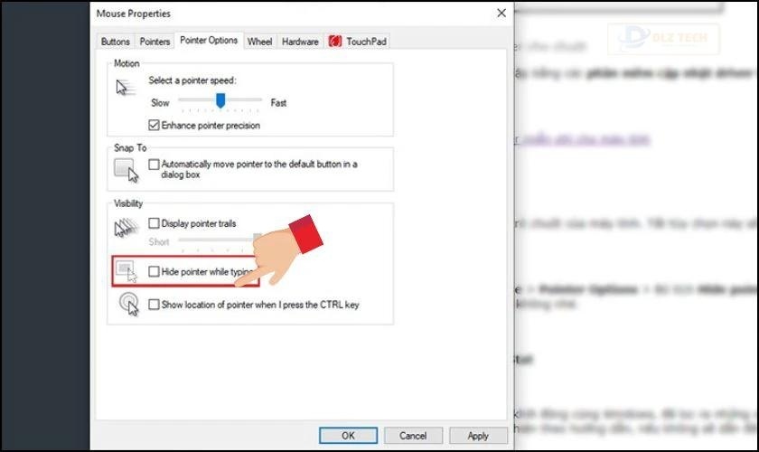 Tắt tùy chọn Hide pointer while typing và kiểm tra kết quả sửa lỗi