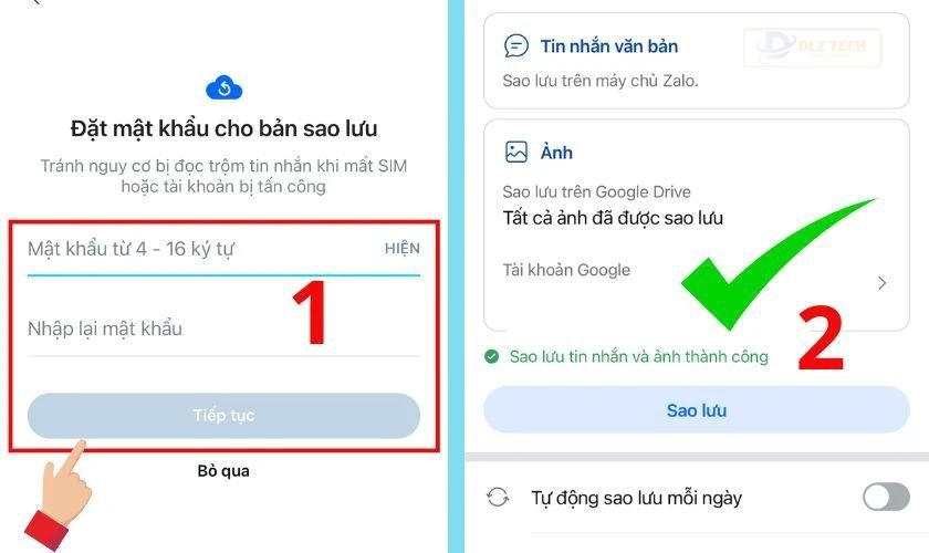 Nhập mật khẩu và sao lưu