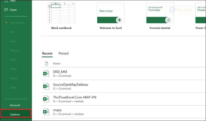 Khởi chạy Microsoft Excel và chọn Options