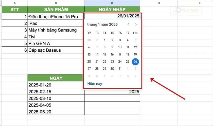 Khi bạn nhấp đúp chuột vào ô đã thiết lập, lịch chọn ngày sẽ hiển thị ngay lập tức