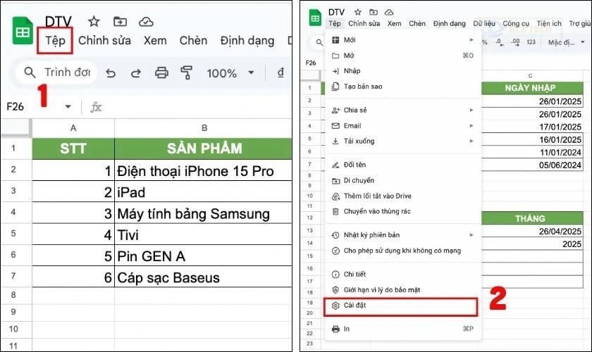 Nhấp vào Tệp trên thanh công cụ, chọn Cài đặt bảng tính