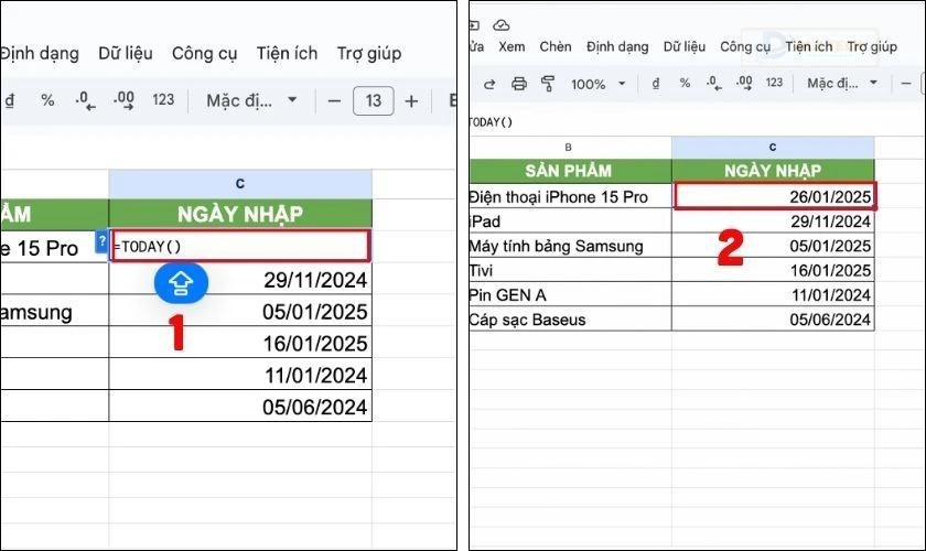Định dạng ngày tháng trong Google Sheet bằng hàm TODAY