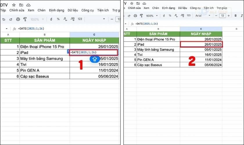 Định dạng ngày tháng trong Google Sheet bằng hàm DATE