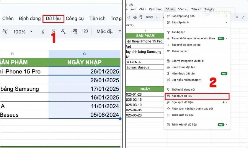 Chọn Xác thực dữ liệu