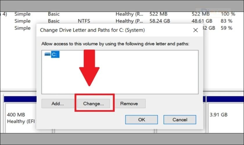 Chọn vào ô Change để tiếp tục thực hiện đổi tên ổ cứng